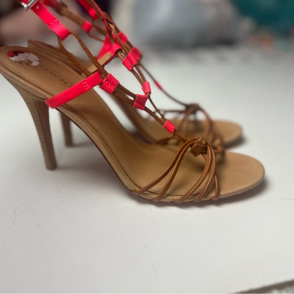 Coach High Heel Sandals in Tan and Neon Pink